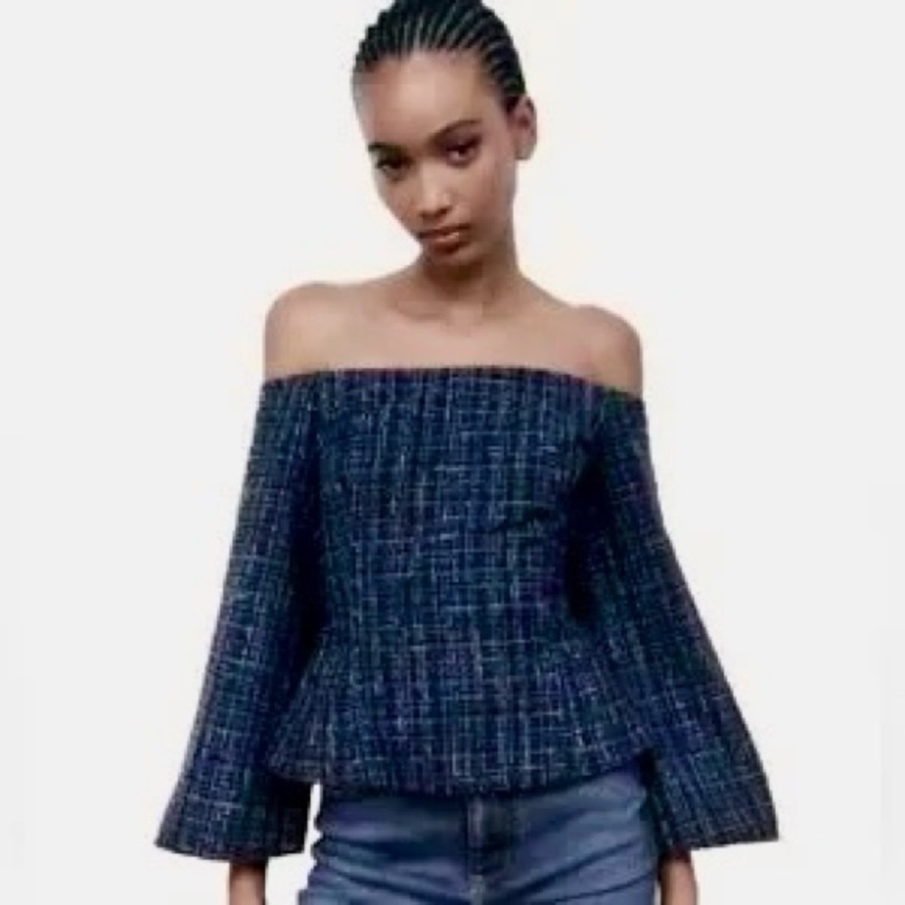 3/$15 Zara NWT Blue Tweed Textured Off the Shoulder Long Sleeve Top (XS)